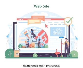 Painter online service or platform. People in the uniform paint the wall with paint roller and plastering a wall with spatula. Website. Vector flat illustration
