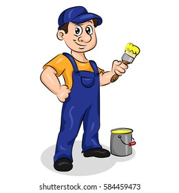 painter in overall and cap with brush and paint bucket