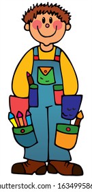 Painter in overall with many pockets, with yellow blouse. Colored vector for card or gift. 