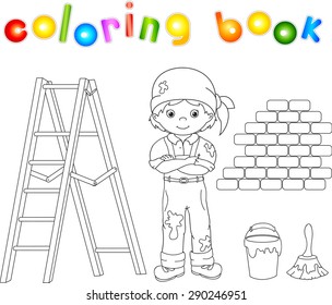 Painter in overalls and bandana. Ladder, paint brush and bucket of paint. Coloring book. Vector illustration