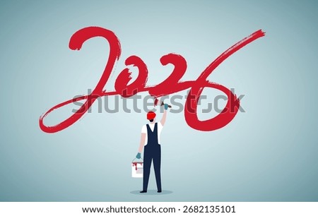 A painter in overalls and a red hard hat, painting the year "2026" in large, stylized red brushstrokes on a light blue background.