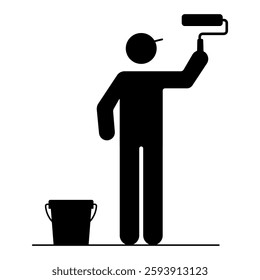 Painter with paint roller and bucket pictogram icon illustration