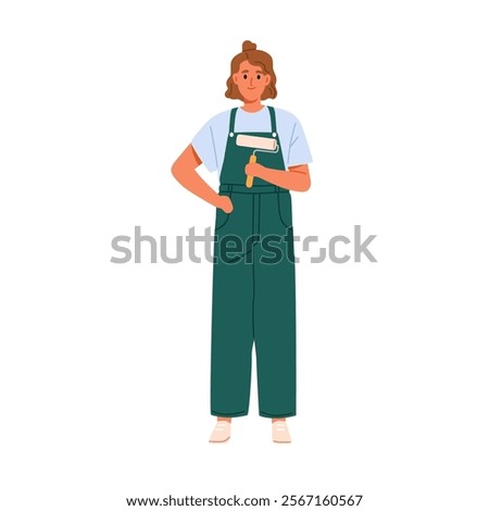 Painter with paint roller in hand. Female worker holding professional work tool for painting. Woman builder, smiling repair master. Flat graphic vector illustration isolated on white background