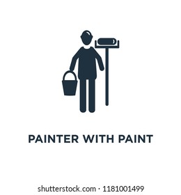 Painter with paint roller icon. Black filled vector illustration. Painter with paint roller symbol on white background. Can be used in web and mobile.