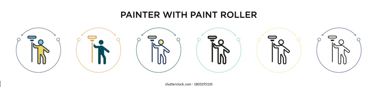 Painter with paint roller icon in filled, thin line, outline and stroke style. Vector illustration of two colored and black painter with paint roller vector icons designs can be used for mobile, ui, 