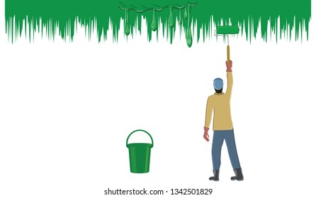 Painter with a paint roller paints a wall - flowing drops and smear of green paint, bucket - isolated on white background - flat style - vector
