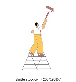 Un pintor con un rodillo de pintura pinta la pared. Ilustración del vector sobre fondo blanco