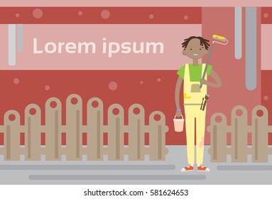 Painter Paint Wall Profession Renovation Service Worker Occupation Banner Flat Vector Illustration