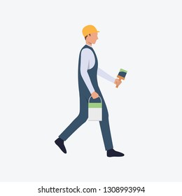 Painter with paintbrush flat icon. Decorator, walking, bucket. Labor concept. Can be used for topics like interior, home repair, renovation