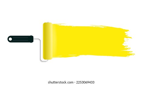 Painter painted a roller bright yellow strip on the wall, isolated on a white background