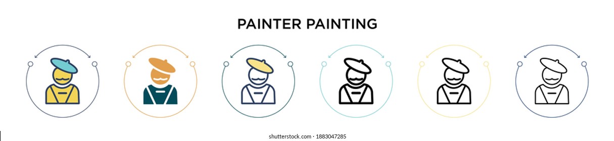 Icono de pintura de pintador en estilo relleno, delgado, contorno y trazo. Ilustración vectorial de dos diseños de iconos vectoriales de pintores de color y negro para móviles, ui, web