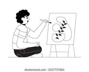 Painter painting using brush with watercolor on canvas, craft vector illustration.