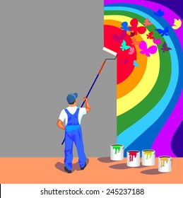 Painter; Painting a wall in a rainbow. Flying butterflies.