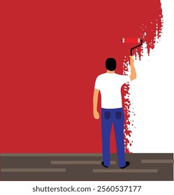 Painter Painting a Wall in Red Flat Style. Construction and home repair work concept vector art, people and activities