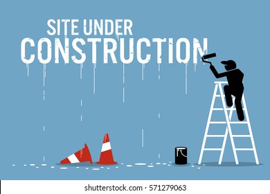 Painter painting the word site under construction on a wall. Vector artwork depicts work in progress. 