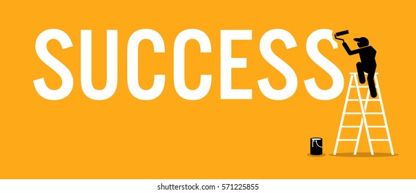 Painter painting the word success wall by climbing up ladder  Vector artworks depicts successful mission  achievement    accomplishment 