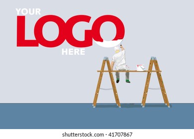 painter with paint-roller on ladders in front of blank wall. extra layer to place your own logo or headline. colors easily adjustable with swatches.