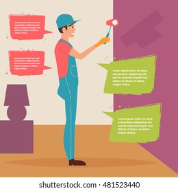  Painter paints a wall in the apartment. Vector illustration. Cartoon character. Isolated.