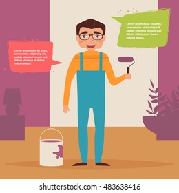 Painter paints a wall in the apartment. Vector illustration. Cartoon character. Isolated.