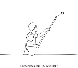 Painter paints a wall with a roller with a long handle, worker in uniform, painter-plasterer one line art. Continuous line drawing of repair, professional, people, concept, support, maintenance.