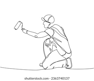 Painter paints a wall with a roller, worker in uniform one line art. Continuous line drawing of repair, professional, people, concept, support, maintenance.