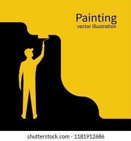 Painter paints wall silhouette. Man is holding a paint roller in hand. Vector illustration of flat design style. Human runs to provide construction work. Customer Service. Worker in uniform.