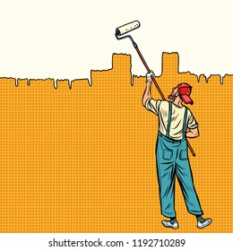 Painter Paints The Wall At The Top. Pop Art Retro Vector Illustration Vintage Kitsch