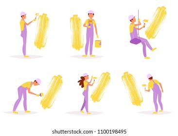 Painter paints the wall Vector. Cartoon. Isolated art on white background. Flat
