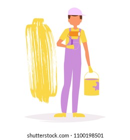 Painter paints the wall Vector. Cartoon. Isolated art on white background. Flat
