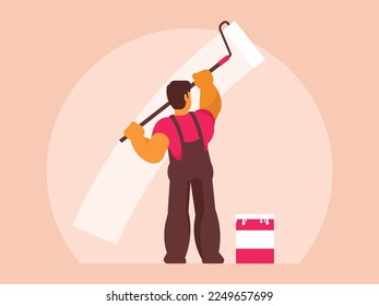 Painter paints the wall with white paint with a roller. Man is holding paint roller in hand. Customer Service. Worker in uniform. Vector graphics