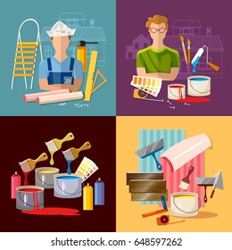 Painter paints walls, pastes wall wall-paper. Planning and design of repair. House repair. Painter man work with roller set. Professional instrument of painter 