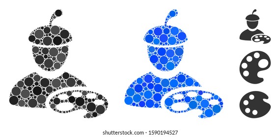 Painter with palette mosaic of spheric dots in different sizes and color hues, based on painter with palette icon. Vector round dots are organized into blue mosaic.