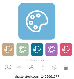 Painter palette outline white flat icons on color rounded square backgrounds. 6 bonus icons included