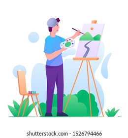 Painter in park flat illustration
