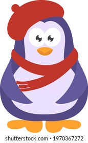 Painter penguin, icon illustration, vector on white background