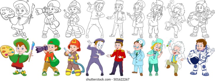 Painter, photographer, firefighter (fireman), mime actor, porter (bellboy, bellman, doorman, doorkeeper), nurse, doctor, scientist, astronaut (spaceman, cosmonaut). Coloring book pages for kids.