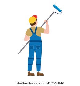 Painter proffessional character man at work. Male painter in uniform applying paint to wall with paint roller. Vector, isolated, cartoon style