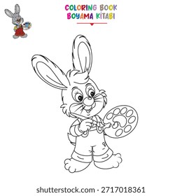 Carácter de conejo del pintor que sostiene un pincel enorme y la paleta. Ilustración vectorial en blanco y negro para colorear libro.