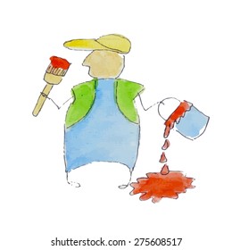 Painter with red dye. Doodle people