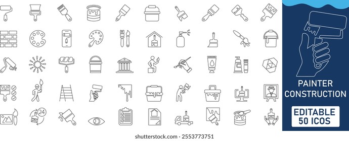 painter Renovation, tool, wall icon set Solid flat vector line art icons collection