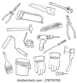 Painter renovator tools black outlined icons set of screw-wrench paint-roller and electric drill abstract vector isolated illustration