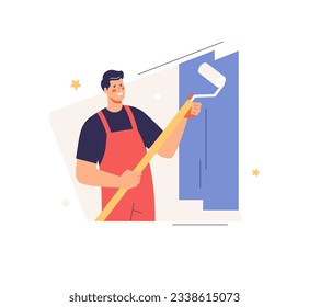 Painter repairman paints the wall with a roller. Repair and renovation, decor. Vector character illustration