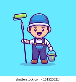 Painter With Roll Brush And Bucket Paint Cartoon Vector Icon Illustration. People Profession Icon Concept Isolated Premium Vector. Flat Cartoon Style