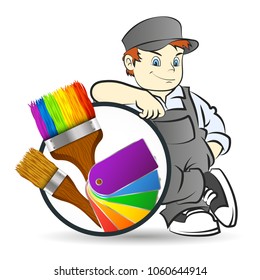 Painter with roller and brush for painting