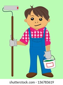 Painter with roller and bucket. Vector illustration.