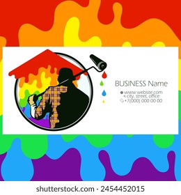 Painter with a roller in his hand. Painting a house with colored paint business card
