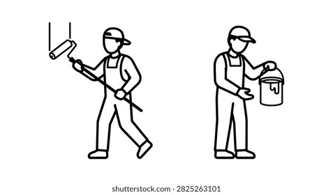 Painter With Roller And Paint Bucket Black Line Drawing On White Background