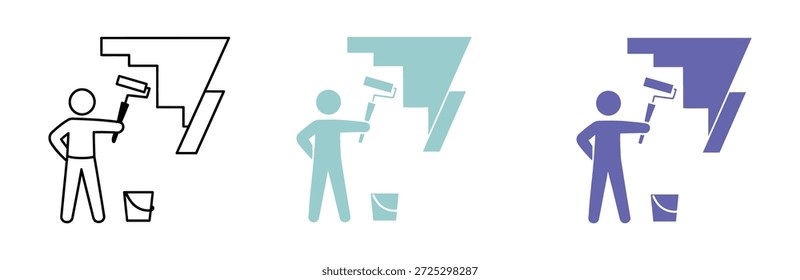 Pintor con rodillo y Icono de cubo de pintura - Vector de pintura de la casa. Pared de la pintura del trabajador con el rodillo en diversos colores.