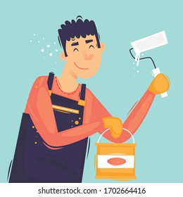 Painter with a roller and paint, repair, painting. Flat design vector illustration.