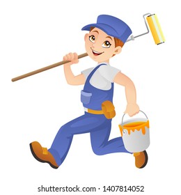 Painter running to work with his paint roller and paint bucket